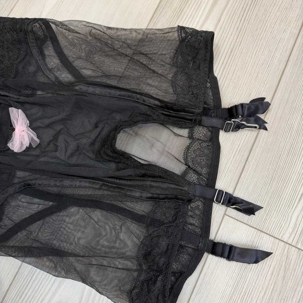 Victoria Secret Black Garter Slip Chemise Babydoll 36C Underwire Y2K Lace‎